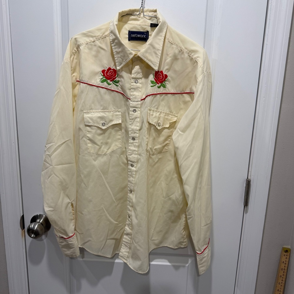 Network Mens Western Shirt Rose Embroidered Pearl Snap Cream XL